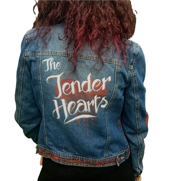 Frayed denim jean jacket in classic cut with hand painted hearts valentine sz S